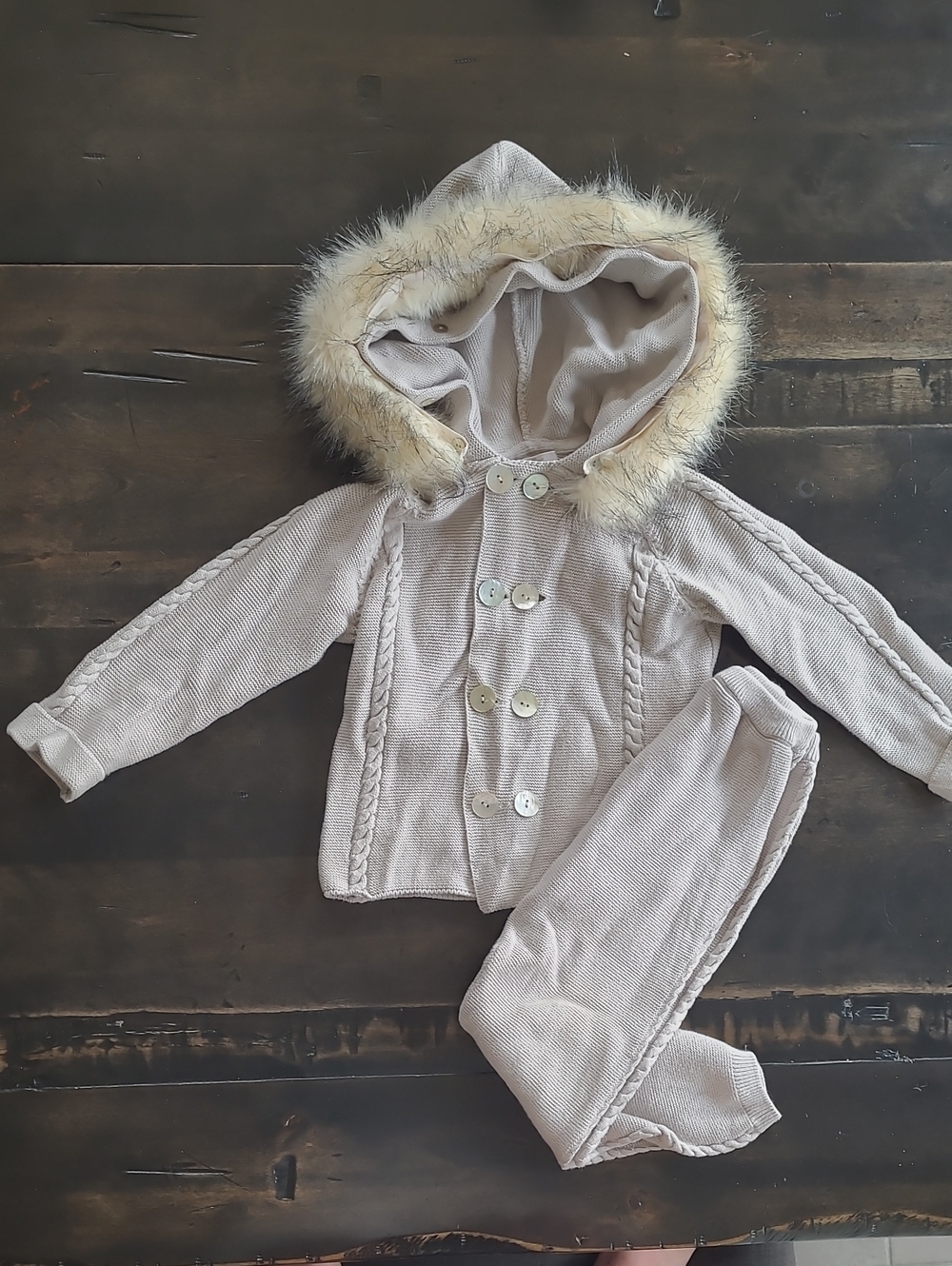 Size 3-4 Caramello Kids Taupe Knit Hooded Two-Piece Set with Faux Fur Trim